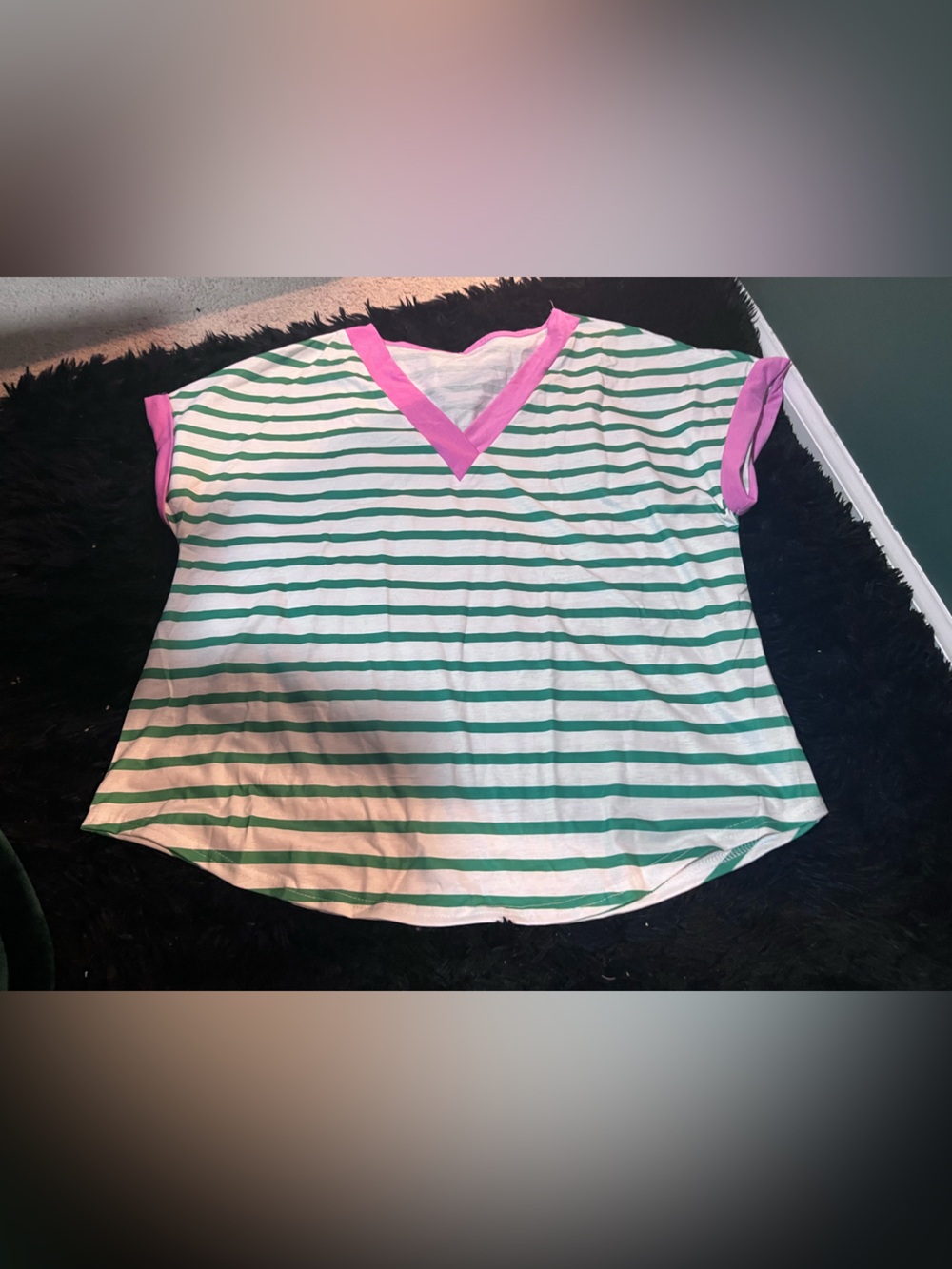 NWOT Green & White Striped V-Neck m Top with Pink Trim